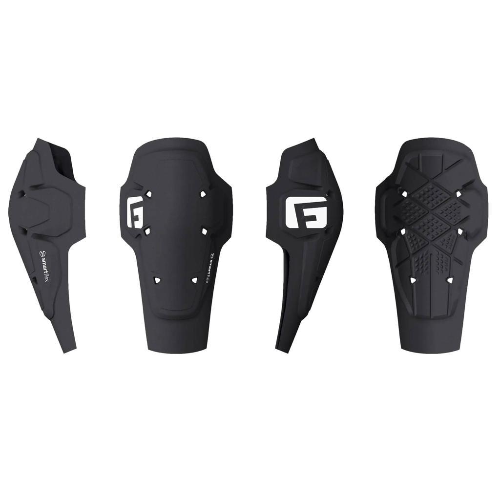 Four G-Form X4 Elbow Guards with white logos, each uniquely shaped with various textures and ventilation holes, are arranged in a row on a white background for superior protection and breathable compression fabric comfort.