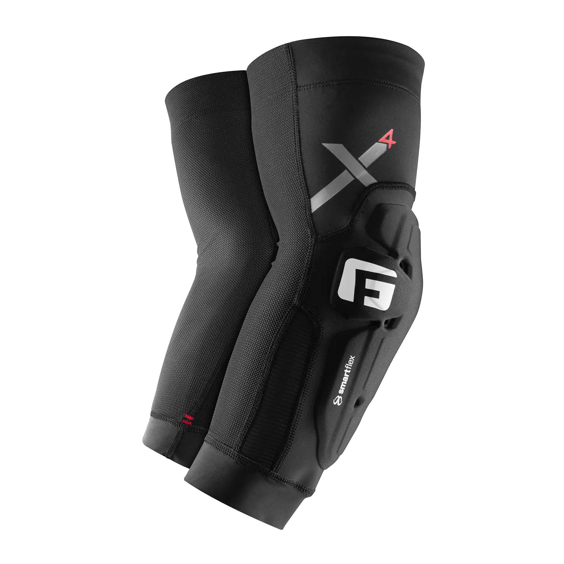 Pair of black G-Form X4 Elbow Guards featuring reinforced SmartFlex pads and bold "F" branding, made from breathable compression fabric for athletic activities, displayed on a white background.