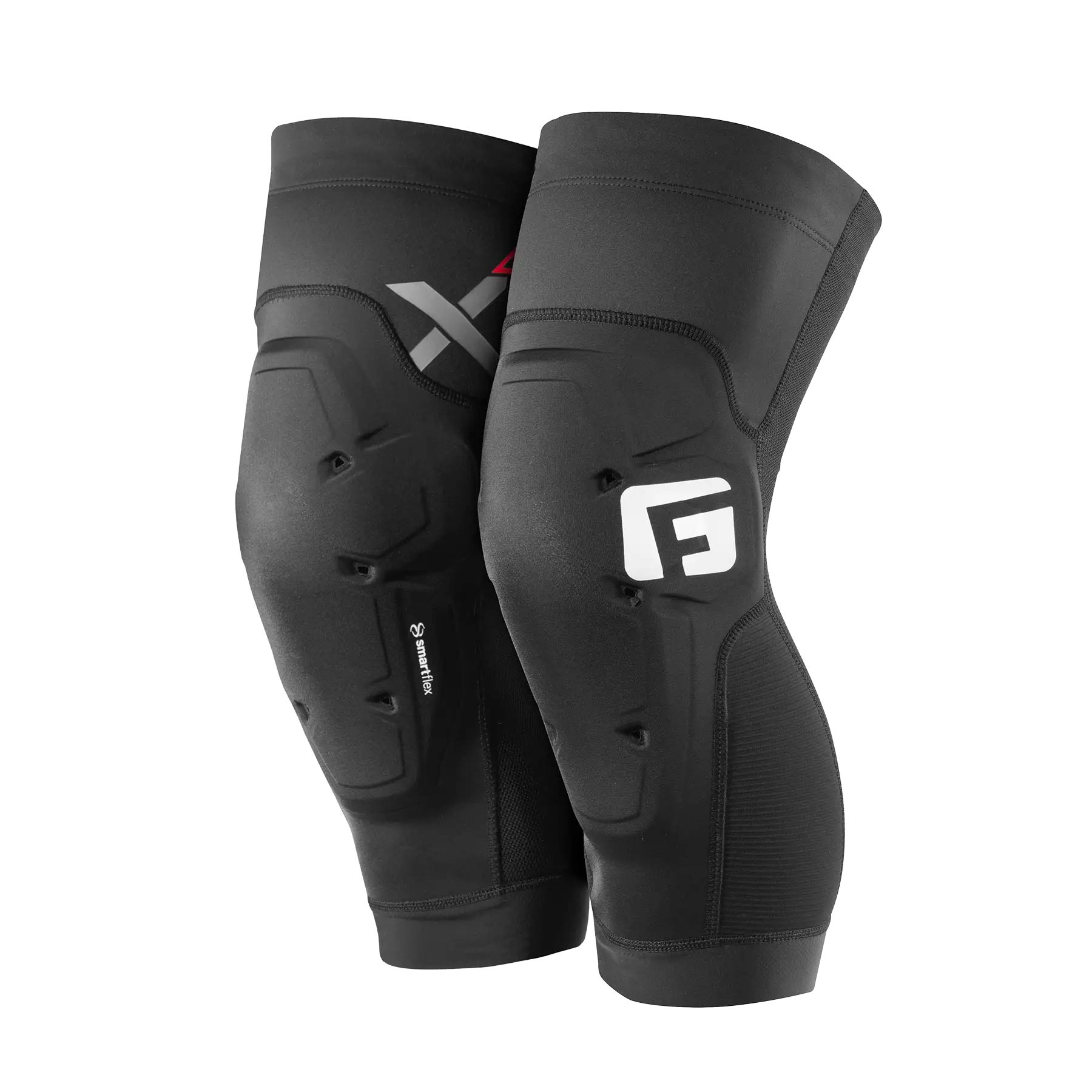 The G-Form X4 Knee Guard is a pair of black knee pads with white and gray logos, featuring SmartFlex padding for enhanced protection, designed for sports or physical activity and shown upright against a white background.