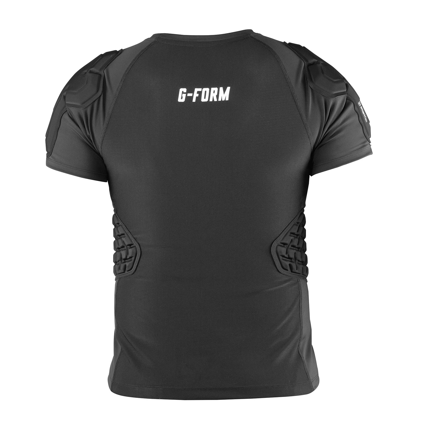 The G-Form X4 Padded Shirt is a black short-sleeve shirt with shoulder and side padding for extra protection. It features "G-FORM" on the upper back and is made from breathable fabric for comfort during intense activity.