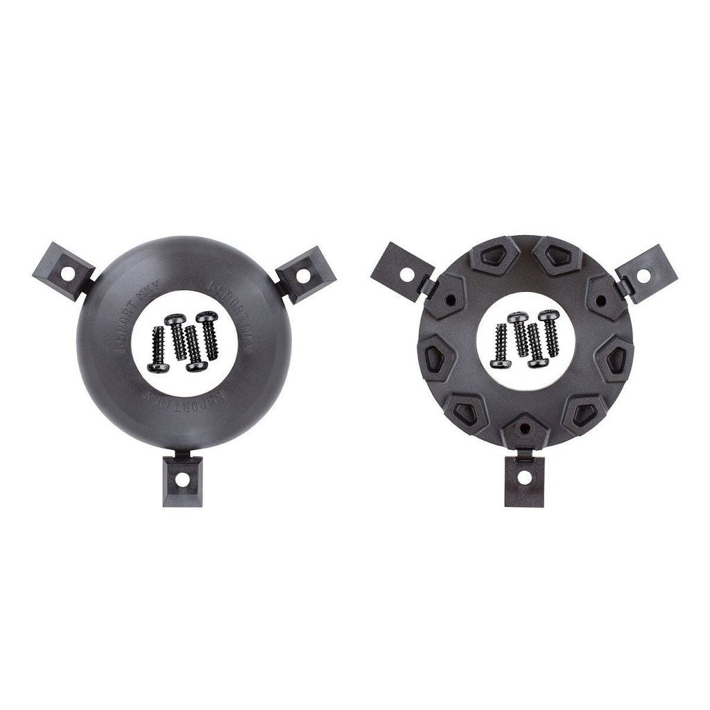 Two G Sport GLAND MKV Universal Front Hub Guards, each with a circular black plastic mounting bracket and an attached flange. One bracket has a smoother surface, while the other features a textured, irregular design. Each comes with four screws and offers lightweight hub guard functionality for enhanced protection.