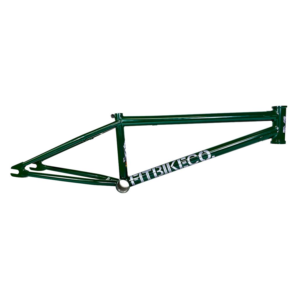 The Fit Bike Co Squib 18 Inch Frame is a green BMX frame with durable chromoly construction and bold white "FITBIKECO" text, perfect for trails and bowls, shown against a white background.