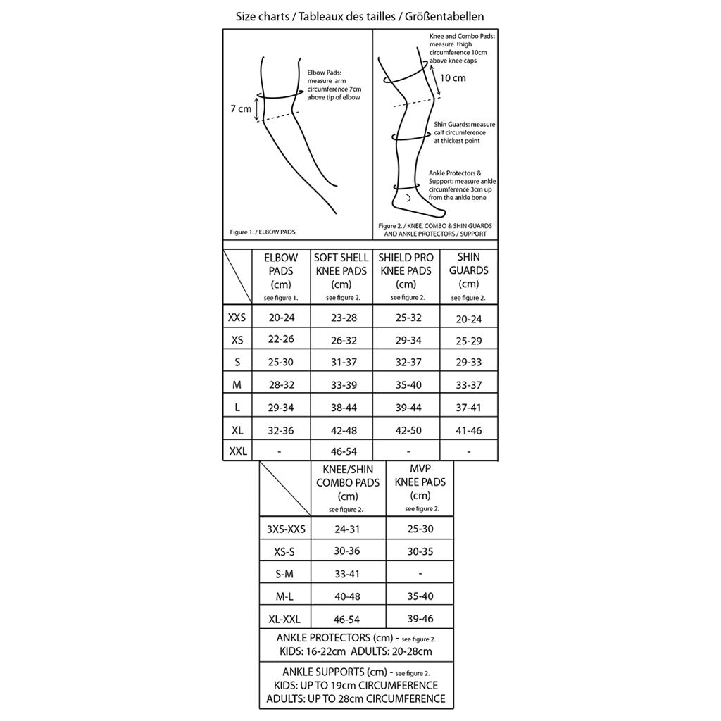 Size chart for GAIN STEALTH Shin Guards (Pair) with duraTec neoprene features measurement instructions, size categories from XXS to XXL, and corresponding shin measurements in centimeters.