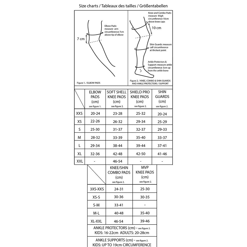 Size chart for GAIN x R WILLY LAND "PROGRESSION" V2 Knee/Shin Combo Pads (Pair), showing measurements in centimeters for sizes XXS–XXL. Diagrams indicate where to measure, inspired by rider Ryan Williams.