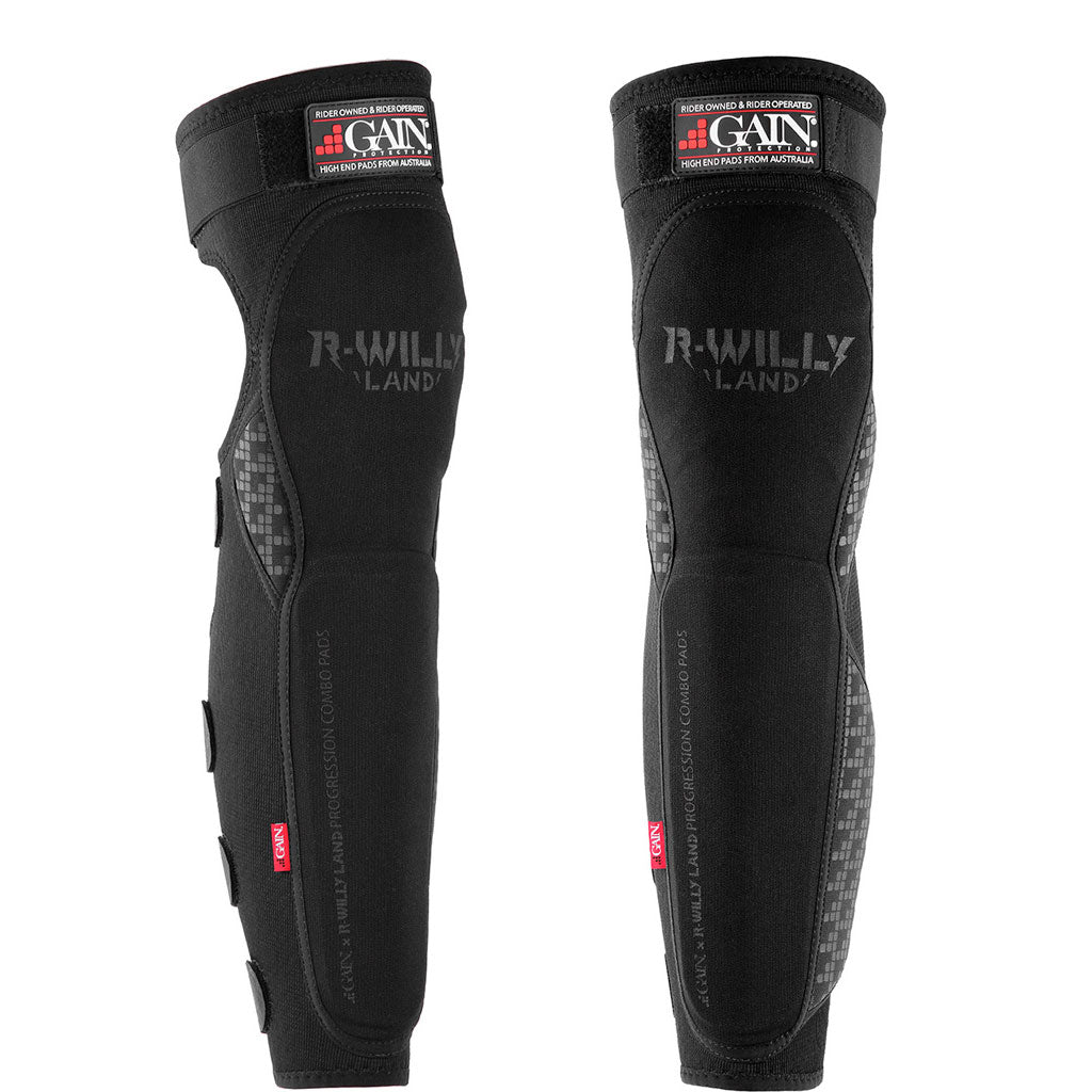 The GAIN x R WILLY LAND "PROGRESSION" V2 Knee/Shin Combo Pads (Pair), designed by Ryan Williams, feature adjustable straps and padding for BMX protection. Shown in black, with both front and side views.