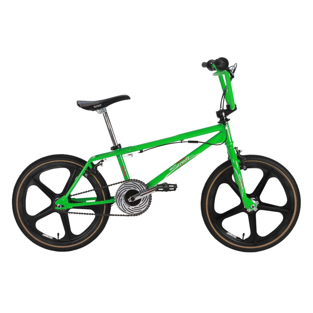 The Skyway Street Beat EX 20 Inch Bike, featuring a green 4130 chromoly frame, black mag wheels, black seat, and straight handlebars, is shown in profile on a white background.