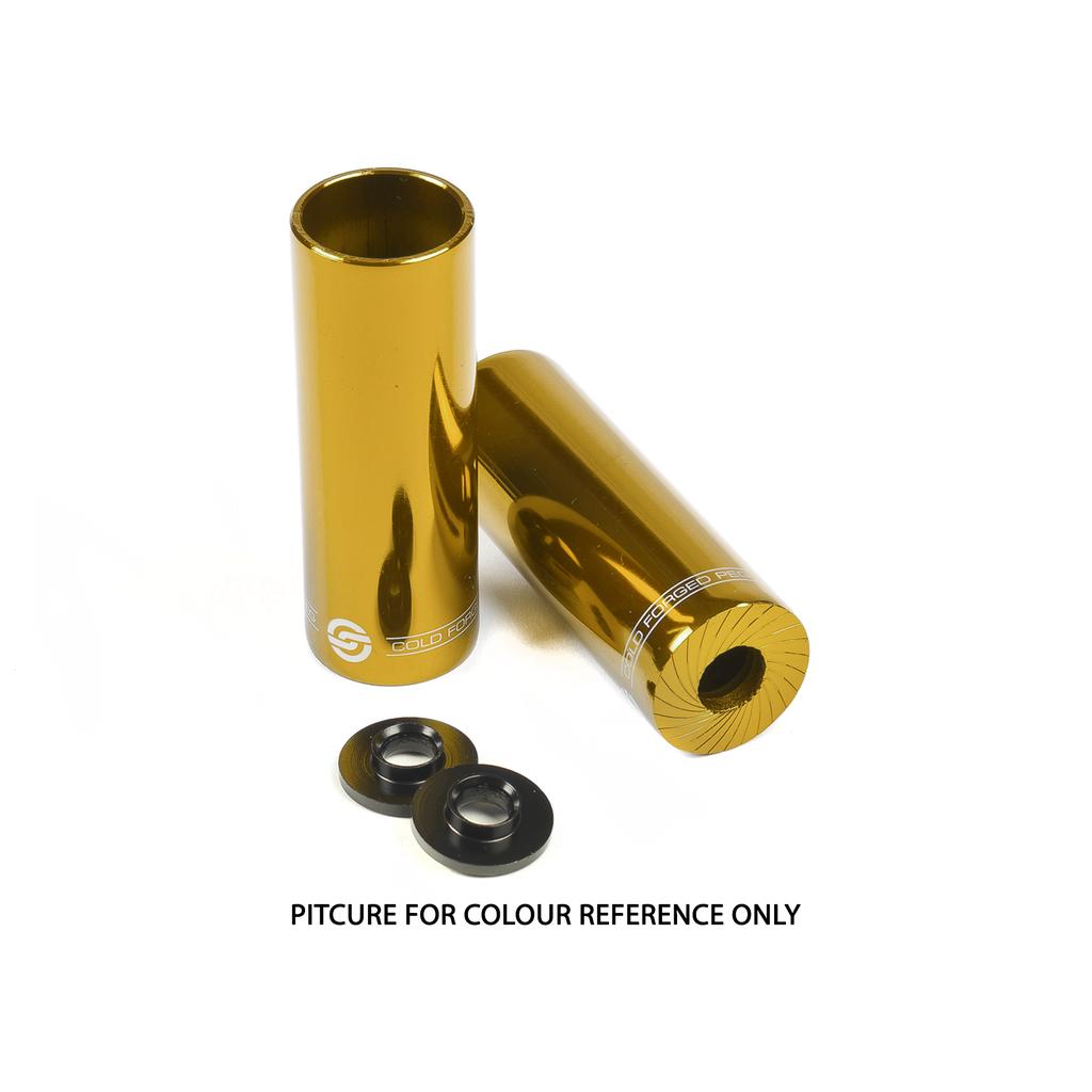 A pair of Salt AM Steel Pegs in gold, cylindrical design, with two washers shown on a white background. Text below: "PICTURE FOR COLOUR REFERENCE ONLY." Suitable for 14mm axle setups.