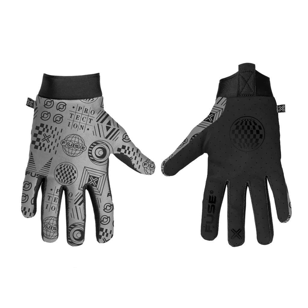 A pair of black and white Fuse Omega Global Gloves with designs on them made of synthetic leather.