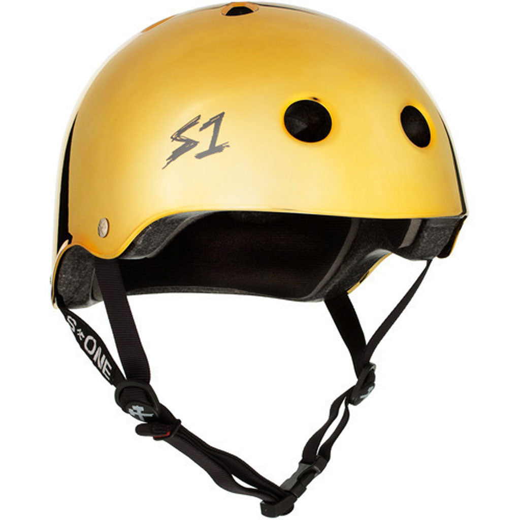 A protective yellow S-One Helmet Lifer Gold Mirror with a black logo.