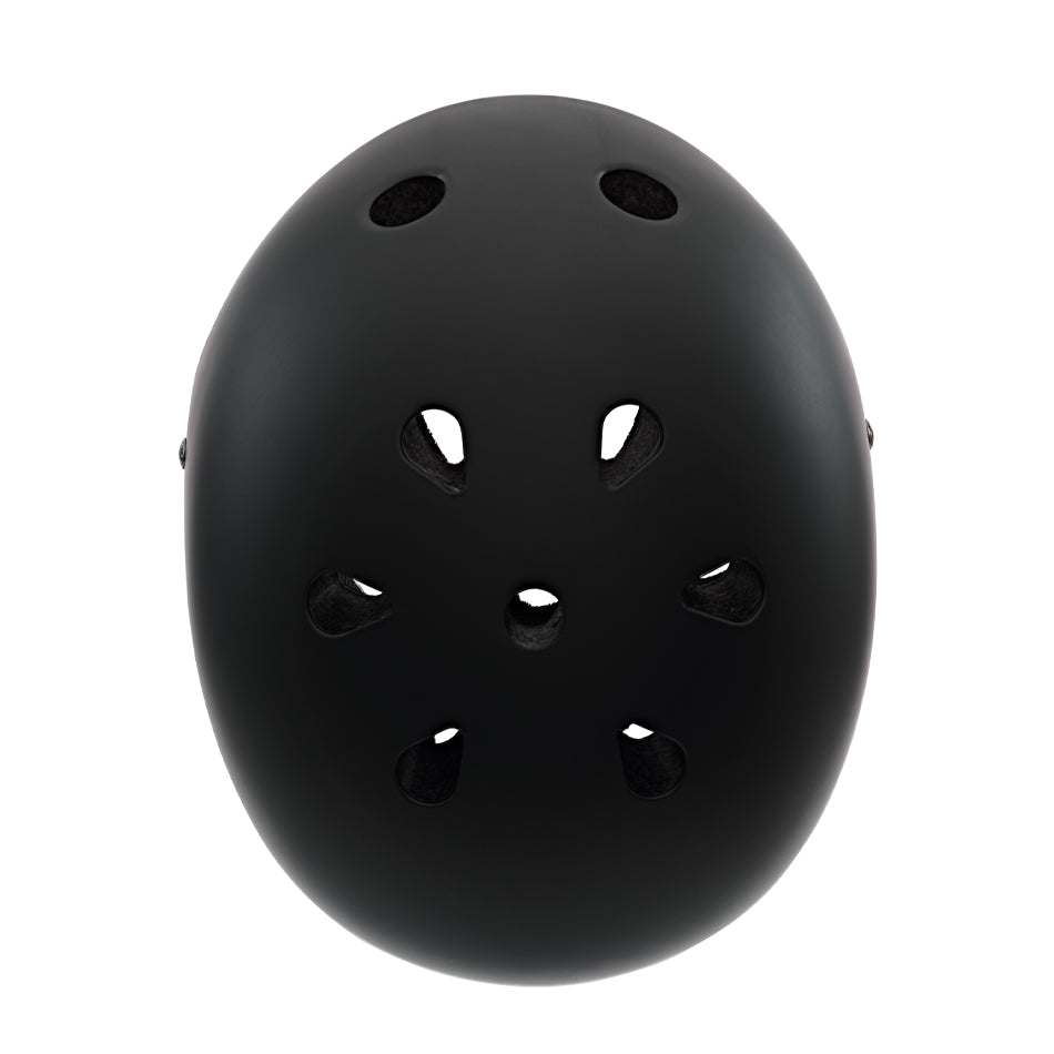 A Goodstock Certified Helmet / Matte Black, viewed from the top, showcases a sleek black design with multiple ventilation holes and integrated CoolMax liner tech for high and low impact protection.
