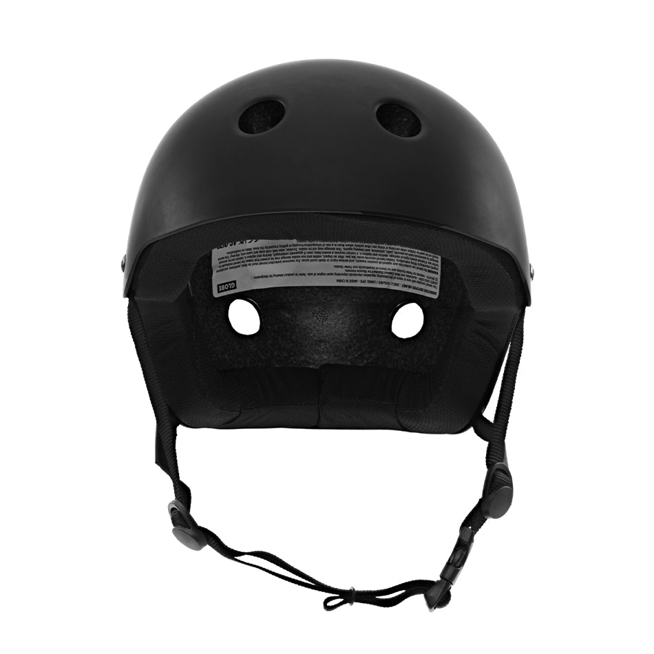 A Goodstock Certified Helmet / Matte Black with ventilation holes, an adjustable chin strap, and CoolMax liner tech for comfort. Displayed against a white background, it offers high and low impact protection.