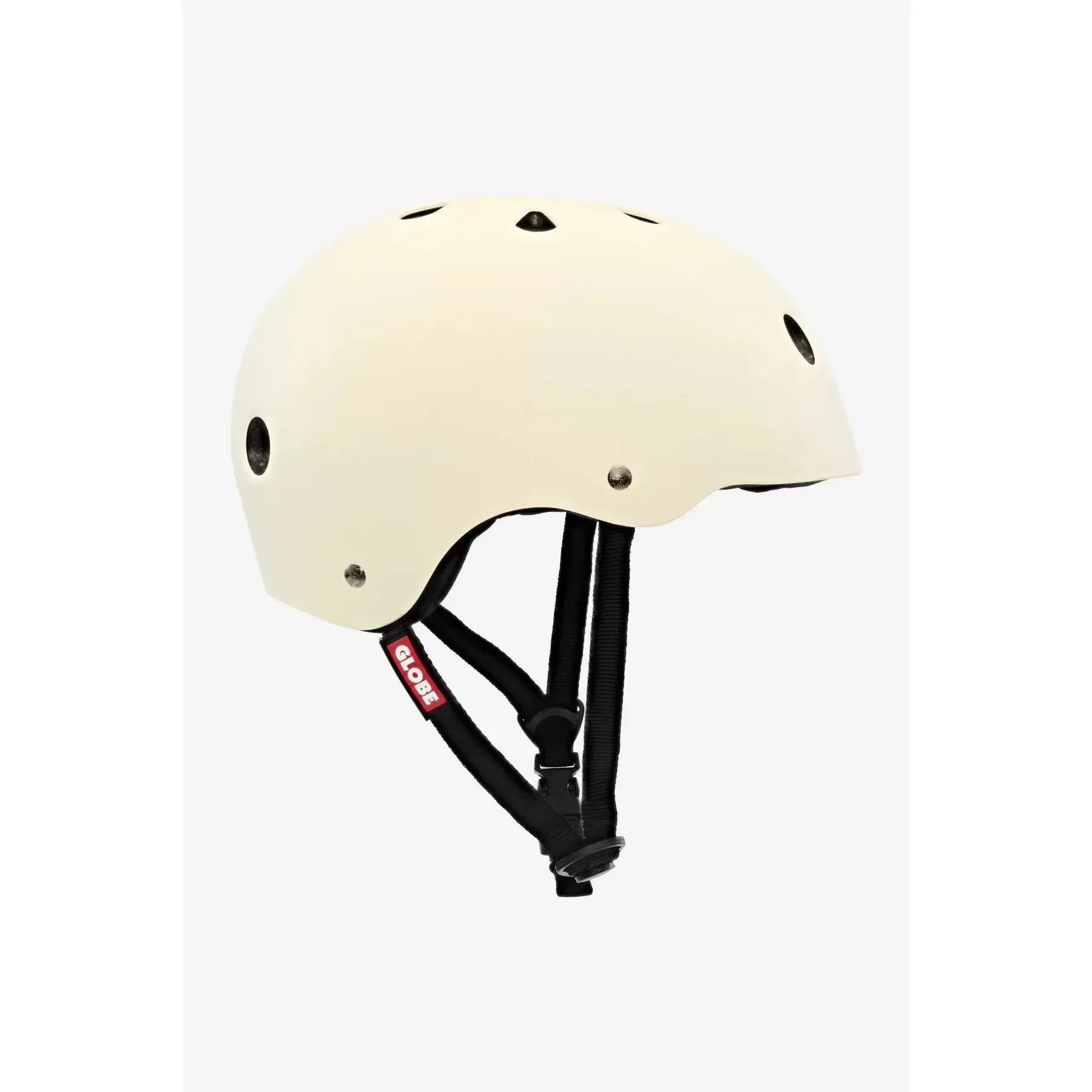 A Goodstock Certified Helmet / Matte Off-White with multiple ventilation holes, an EPS foam for added safety, a CoolMax liner for moisture control, and a black strap labeled "Globe.