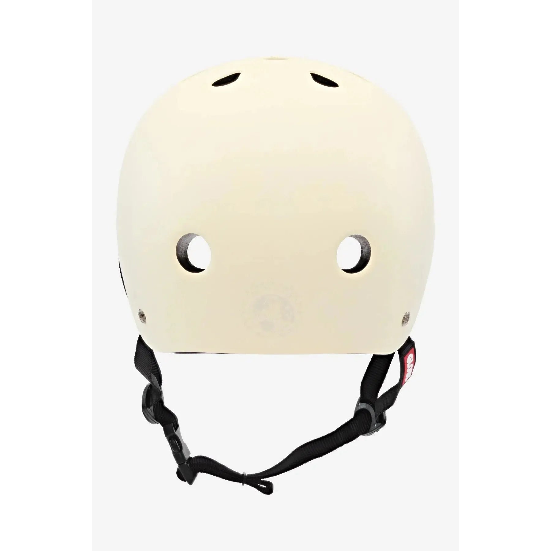 A Goodstock Certified Helmet / Matte Off-White with ventilation holes, an adjustable black chin strap, and a CoolMax liner for added comfort.
