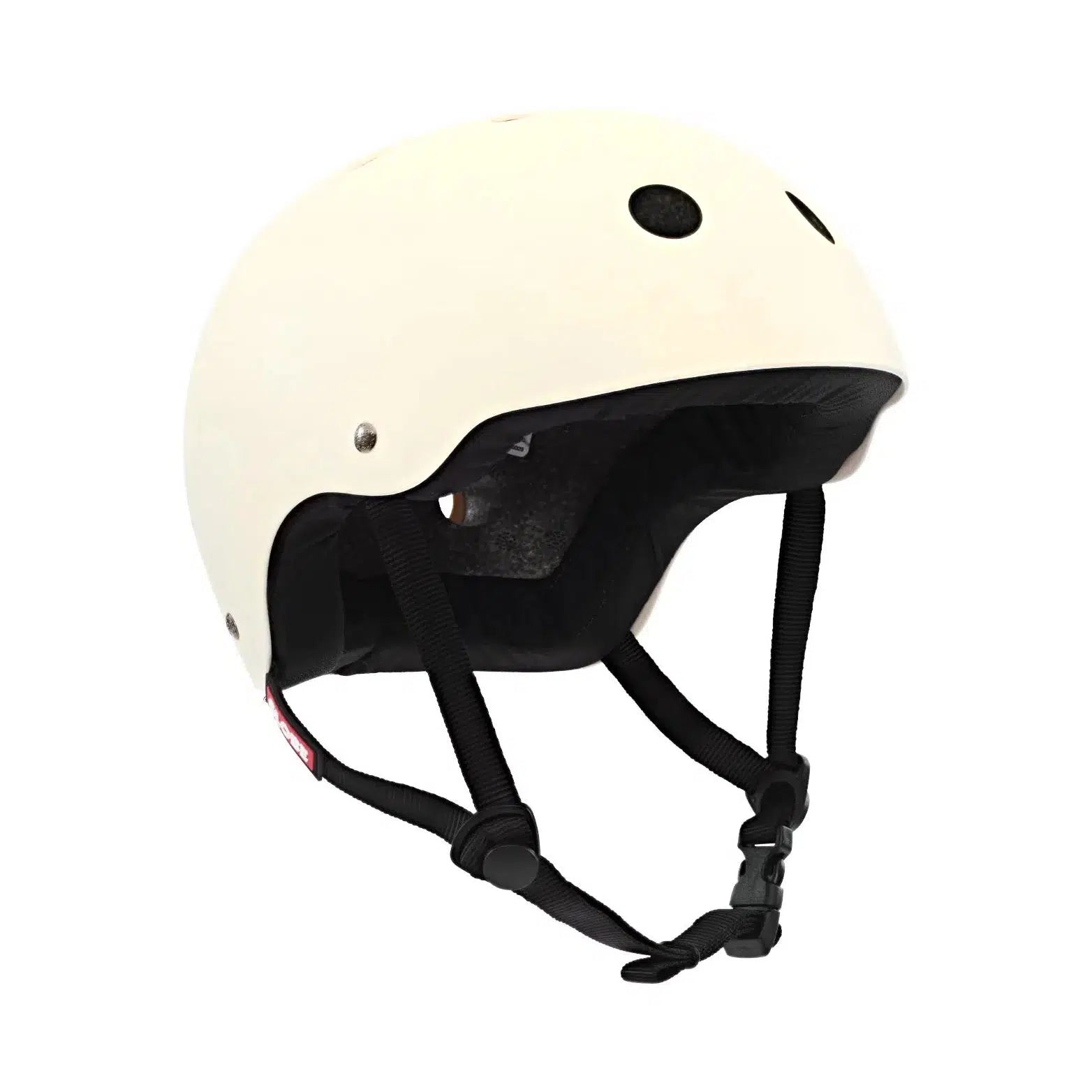 A certified skate/bike helmet, the Goodstock Certified Helmet / Matte Off-White boasts high impact protection with black adjustable straps and ventilation holes for a comfortable fit, ensuring safety while skating or cycling.