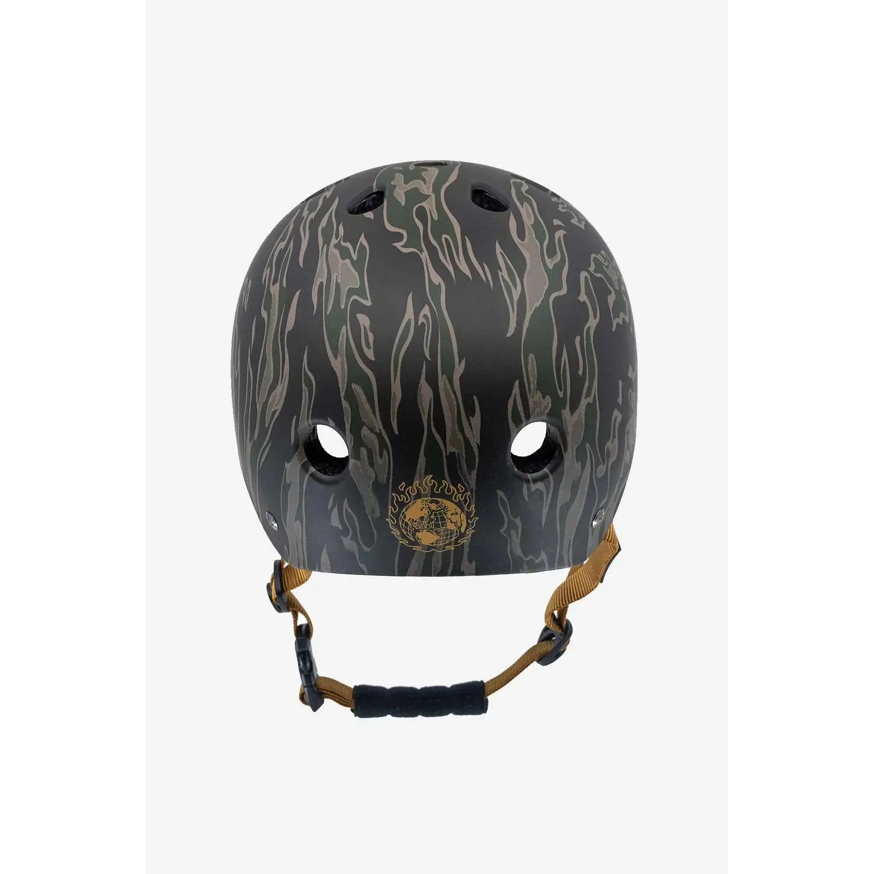 A matte black Goodstock Certified Helmet / Tiger Camo with a camouflage pattern, featuring ventilation holes on top, an adjustable chin strap, and high impact protection. The CoolMax liner ensures comfort and moisture-wicking during intense rides.