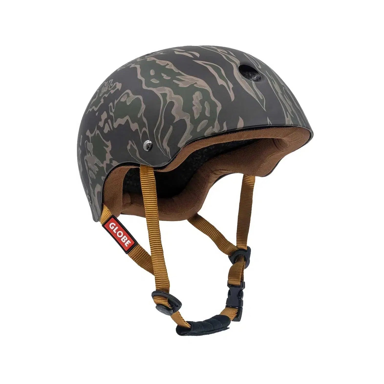 A Goodstock Certified Helmet / Tiger Camo with yellow straps, a red Globe logo on the side, and a comfortable CoolMax liner for added comfort and certified protection.