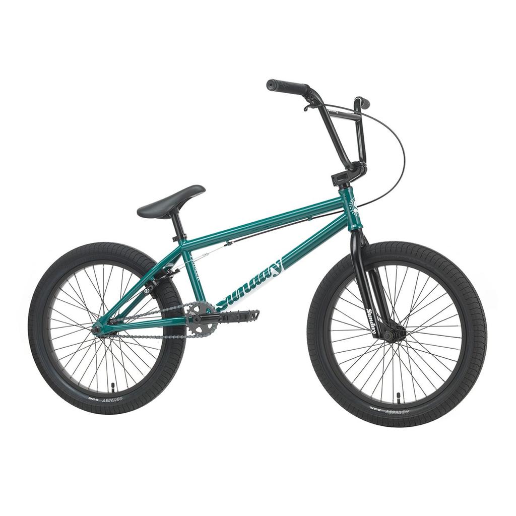 A teal Sunday Primer 20 Inch Bike with black handlebars, seat, and tires is displayed from the side against a white background—an ideal choice for riders seeking a reliable beginner BMX bike or their first Sunday Primer BMX starter bike.