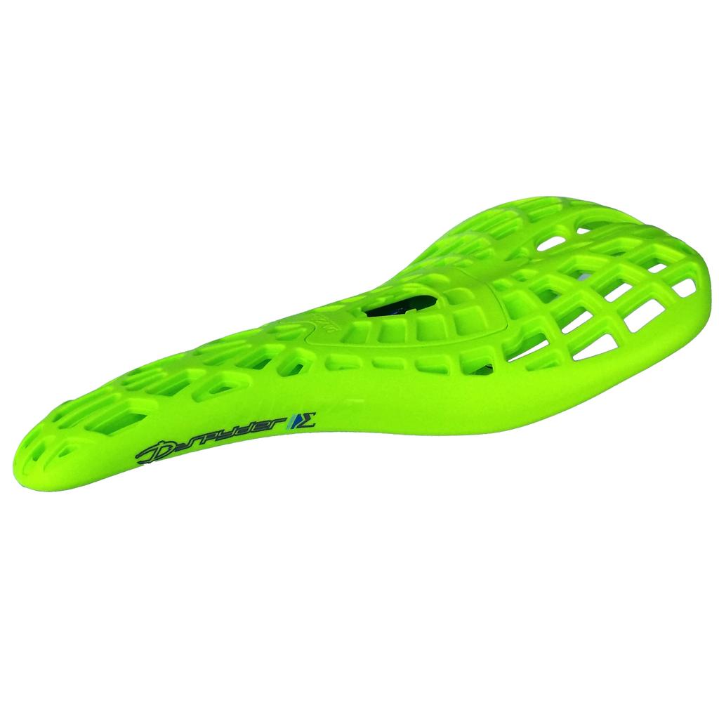 Bright green Tioga Spyder Pivotal Seat S Spec featuring a ventilated, grid-like structure and a small blue side logo, inspired by the classic Spyder design.