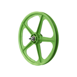 A green Skyway Tuff 5 Spoke Front Wheel with sealed bearing axles on a white background.