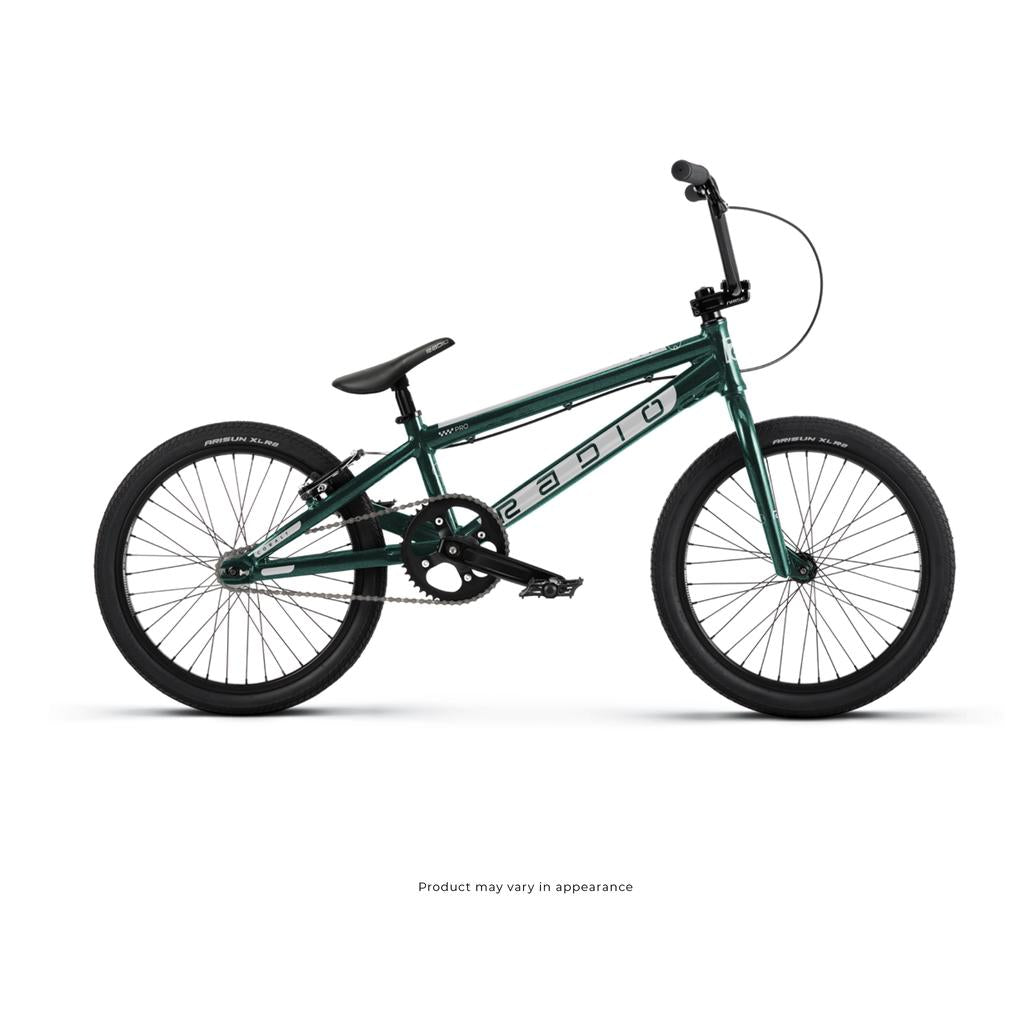 The Radio Cobalt Pro Bike, shown in green with black tires, sealed front hubs, black handlebars, padded seat, and "RADIO" branding on the frame, is displayed from the side on a white background—perfect for entry-level BMX racing.