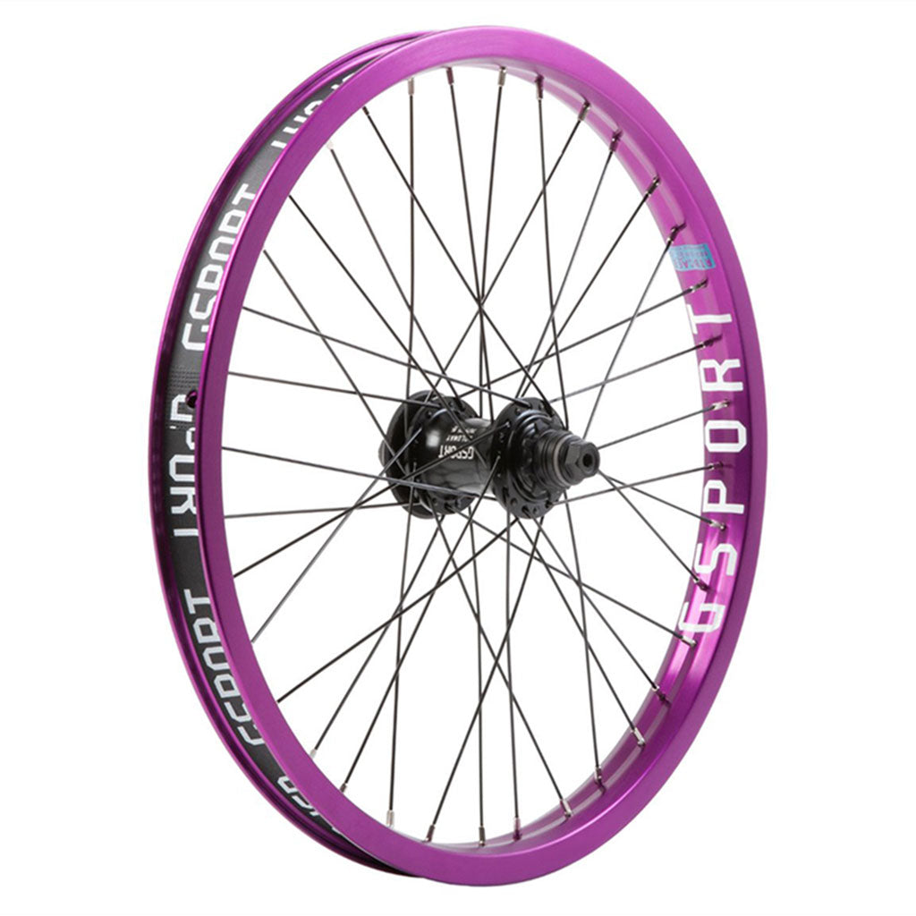 A purple G-Sport Elite Roloway X Ribcage Cassette rear bicycle wheel with the word "esport" on it.