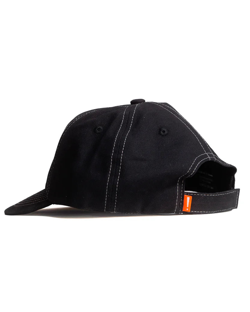 Mahd - Metal Hat in black, displayed from the back and side, features white stitching, an adjustable strap, and a small orange tag.