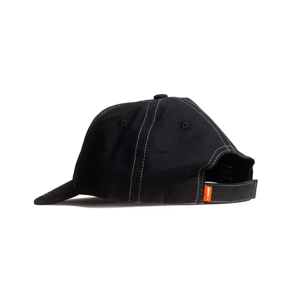 Mahd - Metal Hat in black, displayed from the back and side, features white stitching, an adjustable strap, and a small orange tag.