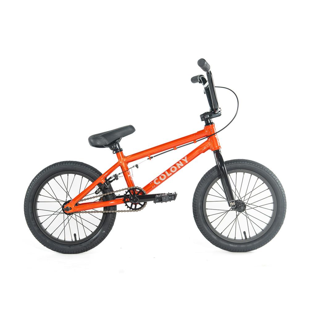 A side view of the Colony Horizon 16 Inch Bike featuring black handlebars, seat, and tires, photographed against a white background.