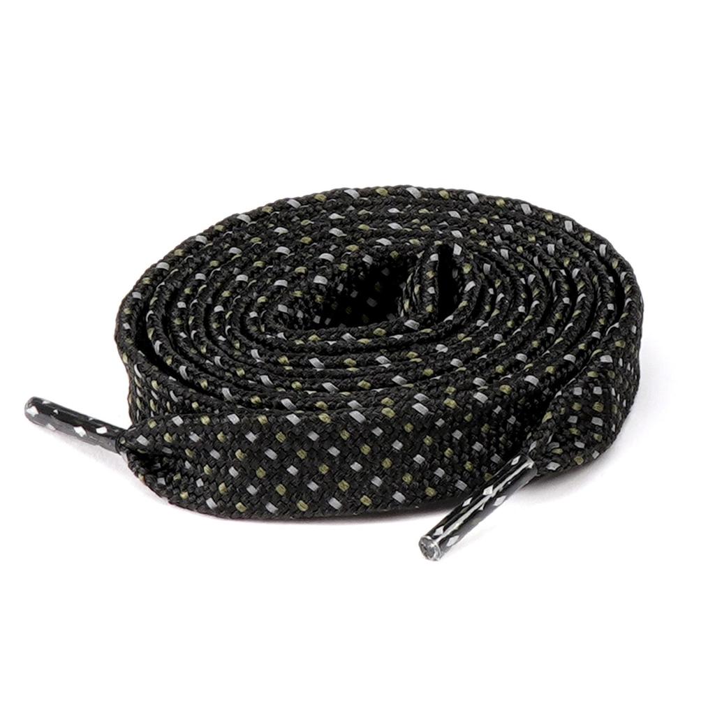 The Higher Crypt Suede Lace Up Shoes (Olive/Black) feature coiled black laces with gray and yellow speckles, durable plastic aglets, and a full suede upper—ideal for higher shoes and sneakers.