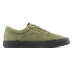 The Higher Crypt Suede Lace Up Shoes (Olive/Black) feature an olive green suede upper, matching laces, and a thick black rubber sole. Shown in side profile on a white background, they offer versatile everyday appeal.
