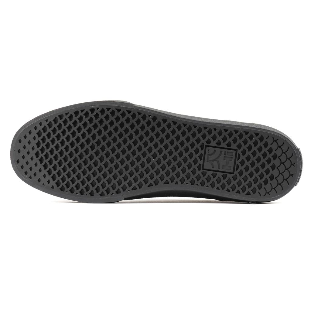 The Higher Salem Suede Slip On Shoes feature a black rubber sole with a honeycomb-like tread pattern and a rectangular logo near the heel, designed for BMX slip ons.