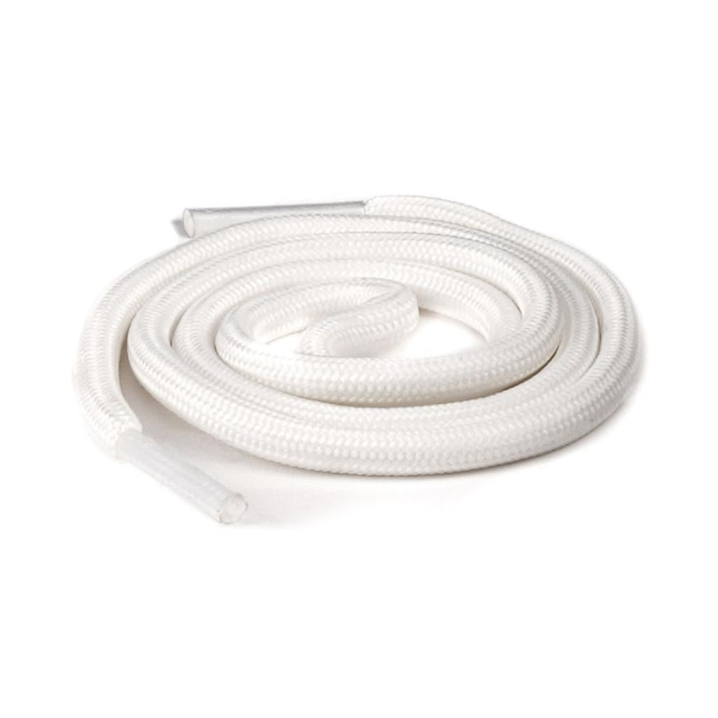 A coiled white shoelace with plastic aglets on both ends lies on a white surface—ideal for pairing with Higher Salem Suede Slip On Shoes featuring a reinforced toe box.
