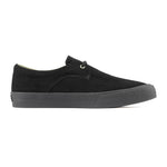 The Higher Salem Suede Slip On Shoes in black feature a reinforced toe box, minimal stitching, and a black rubber sole. Shown in side profile against a white background.