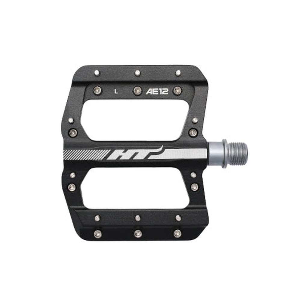 The HT AE12 Pedals are expertly crafted from CNC aluminum and feature a flat platform design in black and silver.