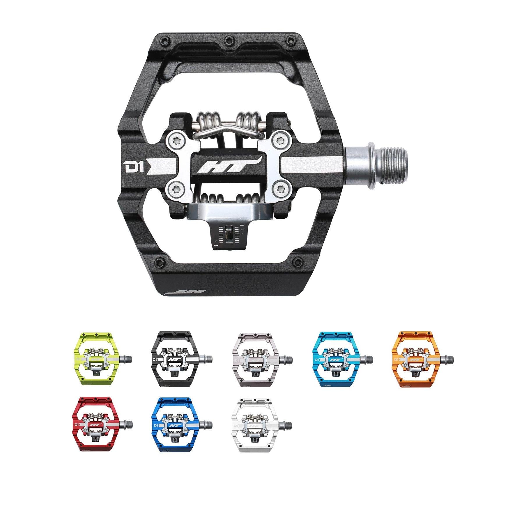 The HT D1 Dual Function Clip/Flat Pedals offer versatility with a dual function design, available in black, yellow, green, red, blue, white, silver, and orange. They feature a sturdy metal spindle and fully serviceable components for easy maintenance.