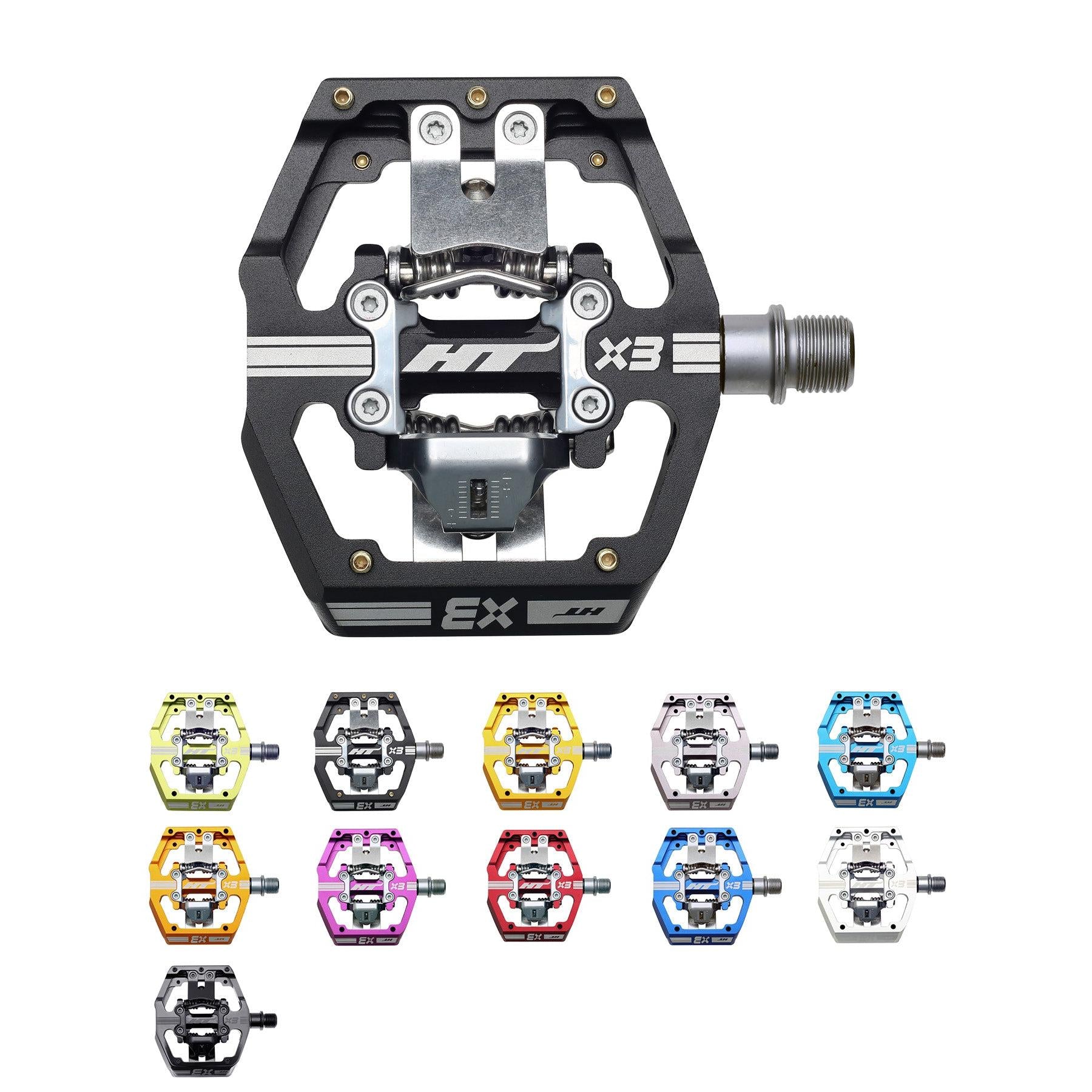 The HT X3 Clip In Pedals come in various colors, featuring a clipless design with an open structure for easy entry and exit, and are equipped with a sealed bearing system for smooth performance.
