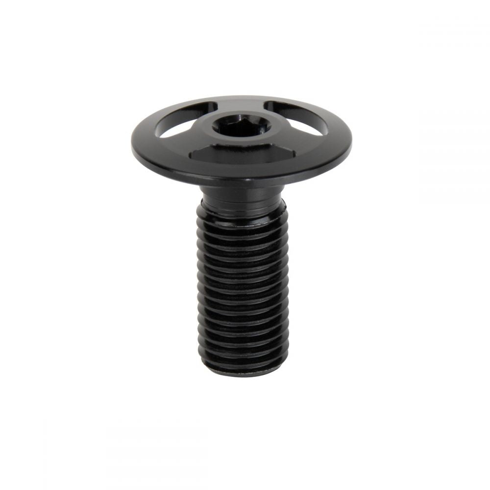 A black, threaded metal bolt featuring a circular, slotted head, crafted to optimize lightweight performance in BMX racing, pairs perfectly with the Ikon Junior 20 Inch 10mm Carbon Fork.