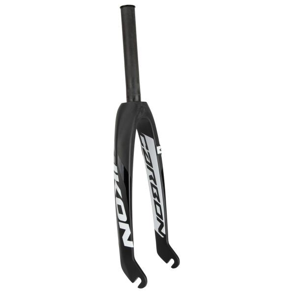 Introducing the Ikon Junior 20 Inch 10mm Carbon Fork, a black carbon racing fork designed for BMX competitors. Featuring "ATKON" branding on each side, this fork boasts a straight steerer tube and dropout ends. It's both lightweight and durable, making it the ideal choice for competitive riders.