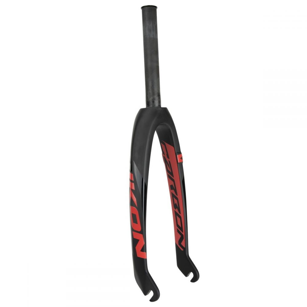 The Ikon Junior 20 Inch 10mm Carbon Fork is a lightweight bicycle fork with a striking red and black design, featuring a tapered steerer tube and dropouts for wheel attachment, making it perfect for BMX racing.