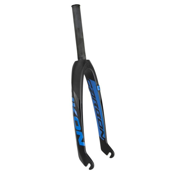 The Ikon Junior 20 Inch 10mm Carbon Fork is a lightweight front suspension fork in black with blue branding and boasts a sleek carbon finish, ideal for BMX racing.