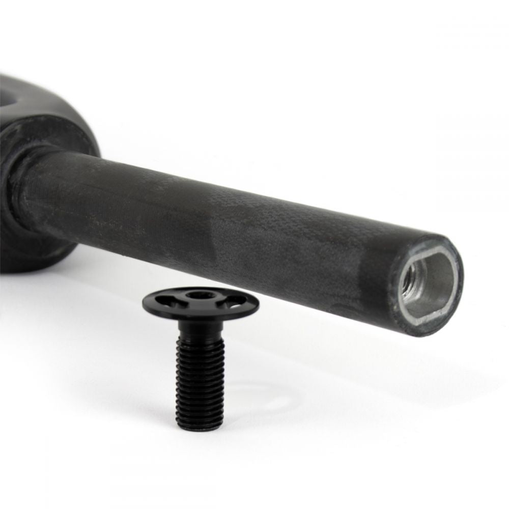 Close-up of an Ikon Junior 20 Inch 10mm Carbon Fork, a lightweight black metal rod with a threaded interior, accompanied by a separate black threaded bolt on a white background. Ideal for BMX racing enthusiasts.