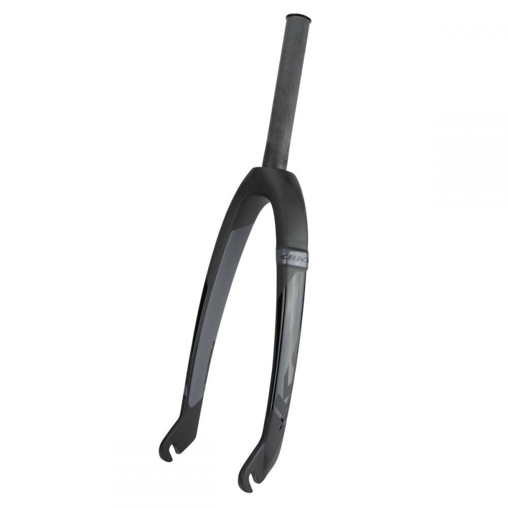 The Ikon Junior 20 Inch 10mm Carbon Fork boasts a lightweight, tapered steerer tube, expertly designed for road or racing bikes in sleek black carbon.