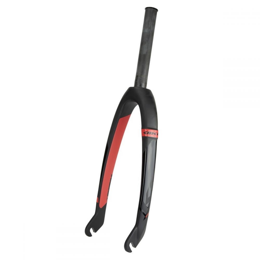 Ikon Junior 20 Inch 10mm Carbon Fork in red and black, featuring a lightweight carbon fiber steerer tube, ideal for BMX racing.