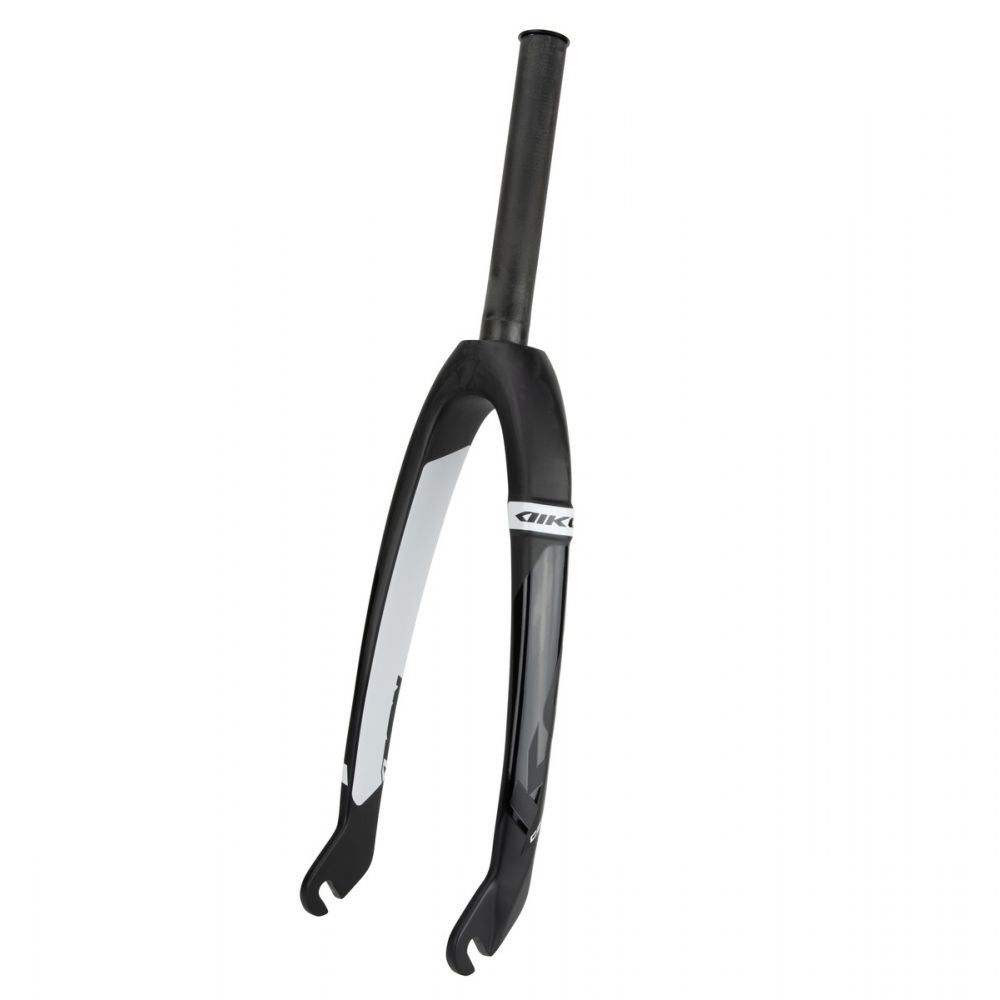 The Ikon Junior 20 Inch 10mm Carbon Fork features a lightweight design in black and white, equipped with a tapered steerer tube and dropout mounts, making it perfect for BMX racing.