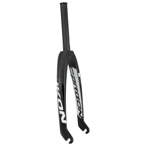 A black and white Ikon Mini/Junior 20 Inch Carbon Fork 10mm road bike fork with branding on the side.