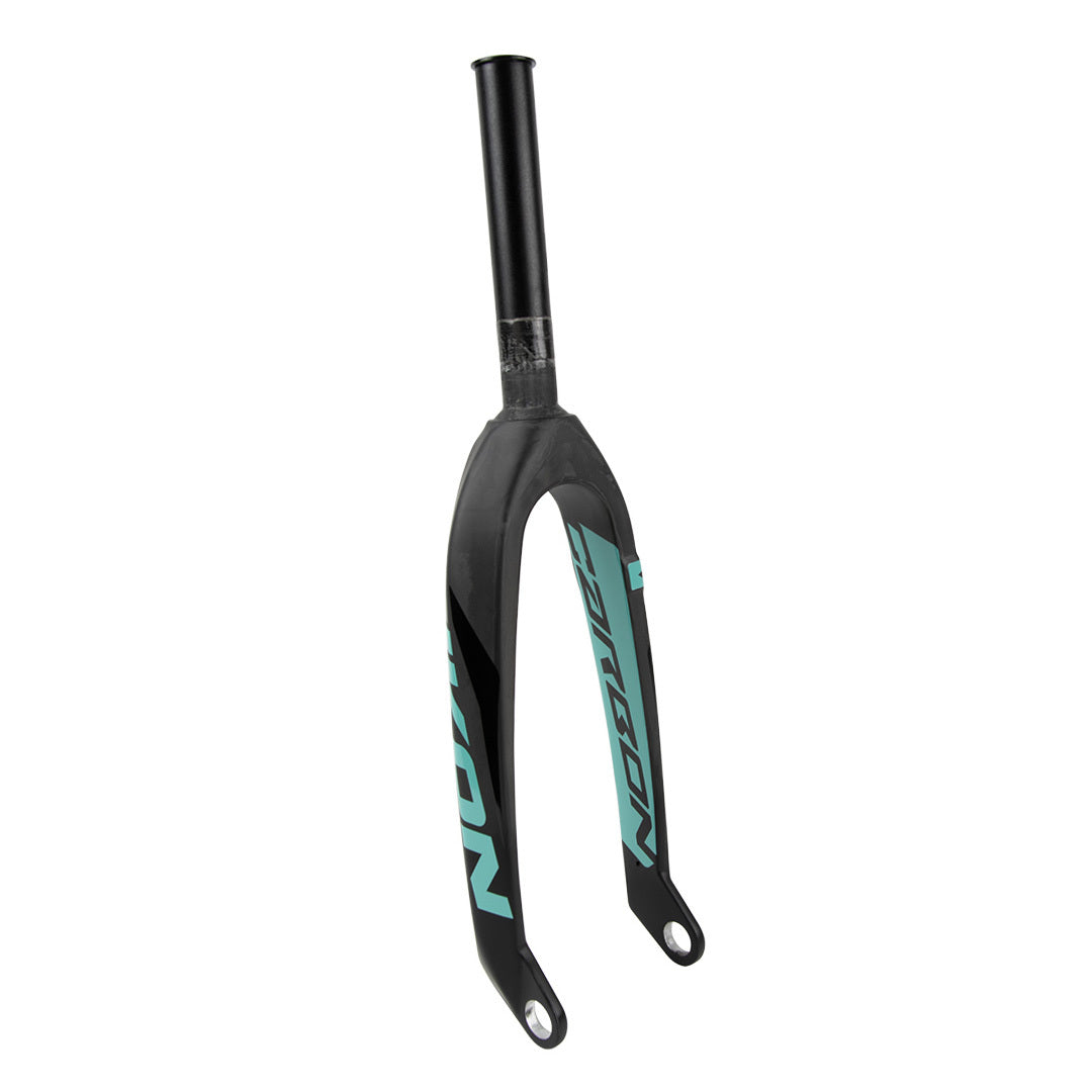 The Ikon Pro 20 Inch 20mm Carbon Fork boasts a stylish black and teal design made from Toray UD carbon fiber, featuring a slim, tapered profile with two 20mm thru-bolt attachment points at the base.