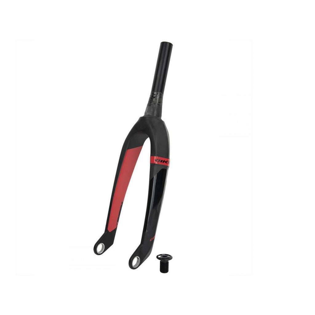 The Ikon Pro 24 Inch 20mm Tapered Carbon Fork boasts a sleek black and red design with a tapered steerer tube, crafted from high-quality Toray UD carbon fibre. It is displayed with a small metal component made of durable 7076 T6 aluminium.
