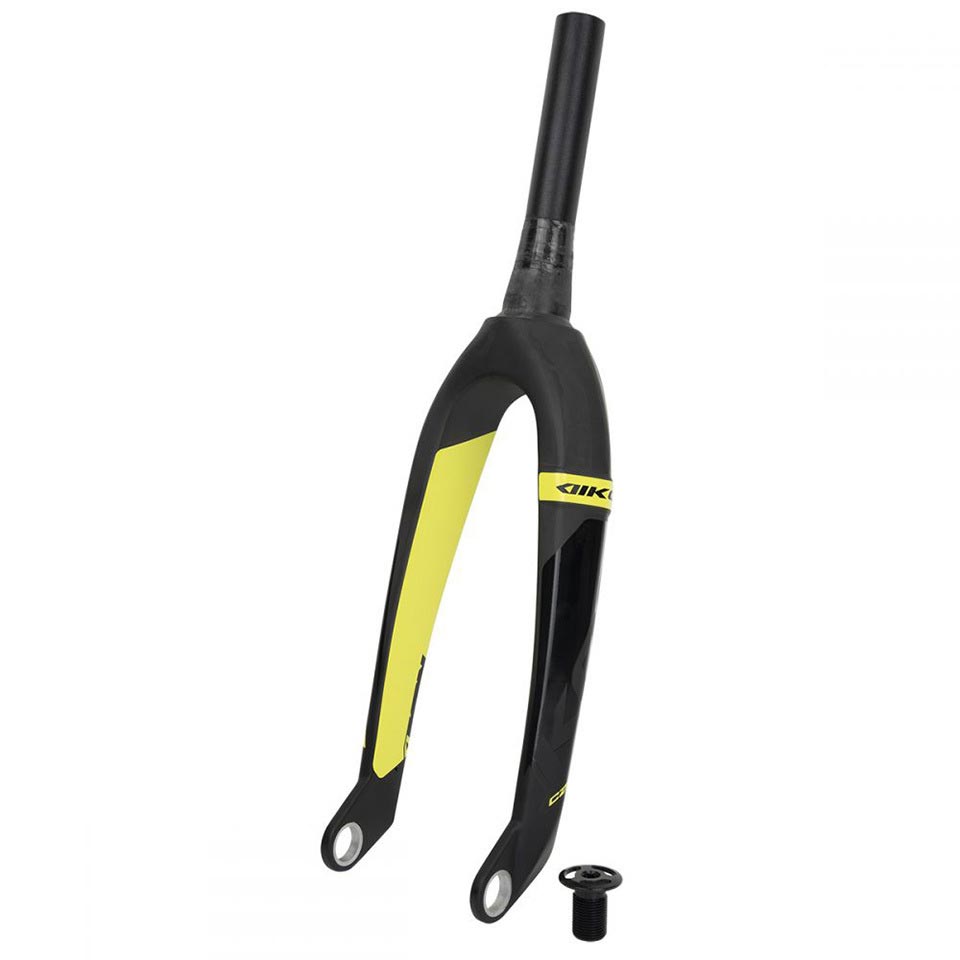 A black and yellow Ikon Pro 24 Inch 20mm Tapered Carbon Fork, crafted from Toray UD carbon fibre, is showcased alongside a small round component on a white background.