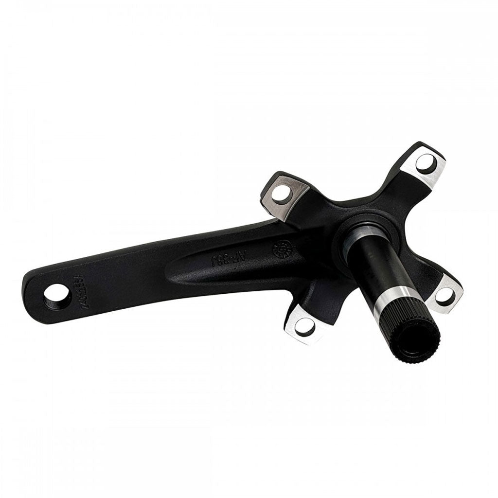 A black Insight MX4 Cranks with an alloy spindle, featuring four bolt holes for mounting chainrings, perfect for a 2 piece crankset.