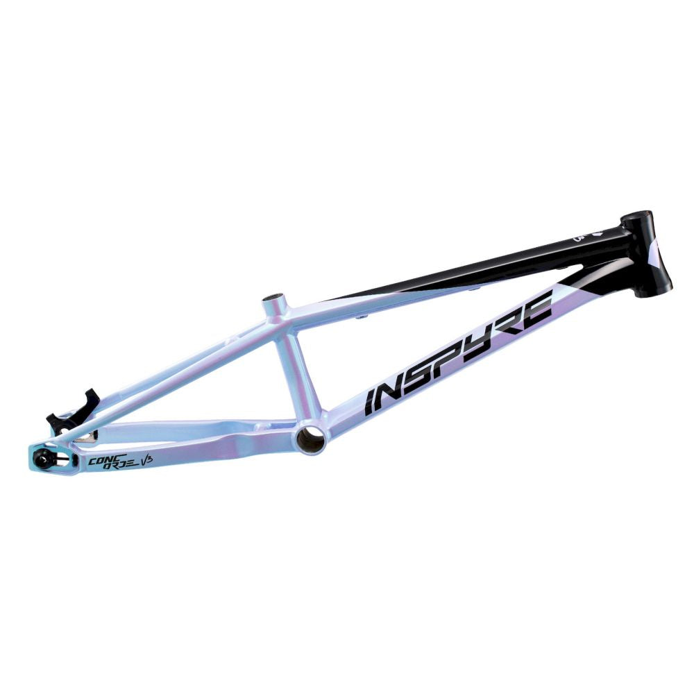 The Inspyre 2026 Concorde V3 Cruiser Pro XXL Frame is a BMX racing frame with hydroformed tubes, a metallic iridescent finish, a black top tube, and the bold "INSPYRE" logo on its side.